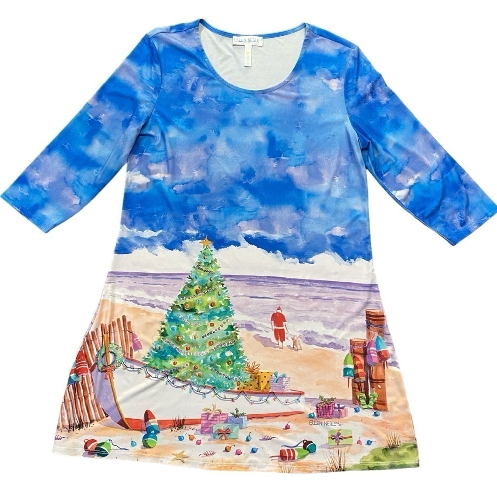 Beach Christmas Tunic Top Coastal Holiday Blouse Santa Tree 3/4 Sleeve Size PL